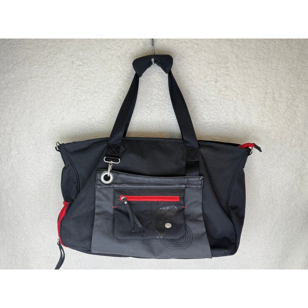 Haiku Black L Canvas Tote Bag Red Zipper Feather Embroidery Travel Work Carryall